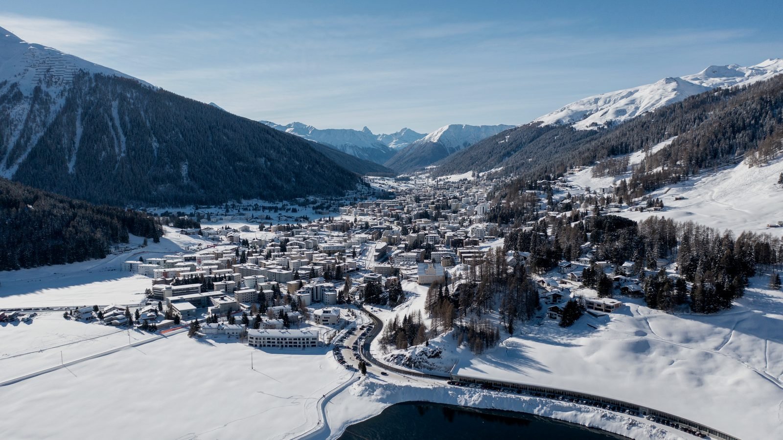 Davos in winter, seen from above the lake